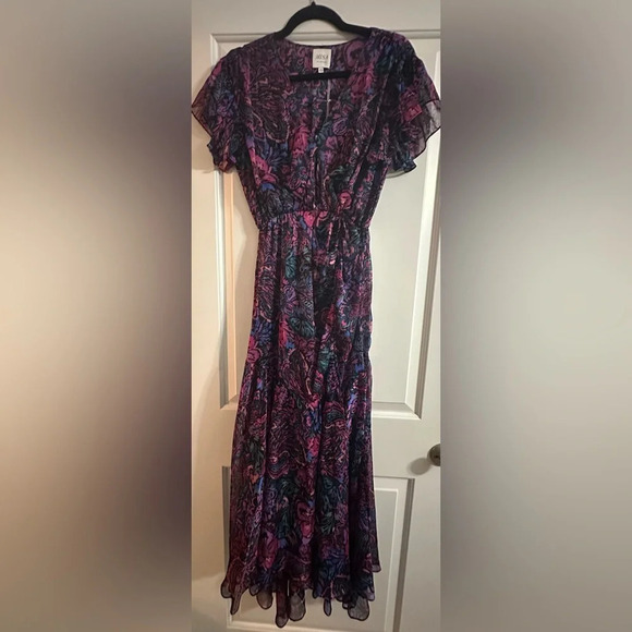 NWT MISA Colette Midi Flutter Sleeve Dress Floral  Ruched Size XS Flora Electric - Picture 4 of 11